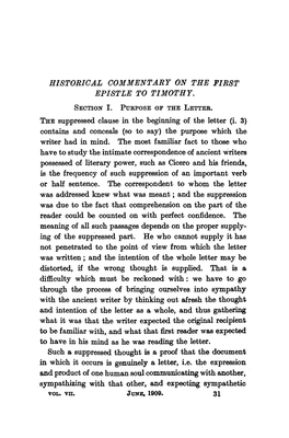 HISTORICAL COMMENTARY on the FIRST EPISTLE to TIMOTHY. the Suppressed Clause in the Beginning of the Letter