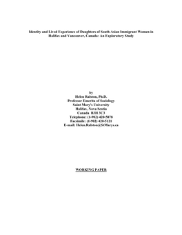 Identity and Lived Experience of Daughters of South Asian Immigrant Women in Halifax and Vancouver, Canada: an Exploratory Study