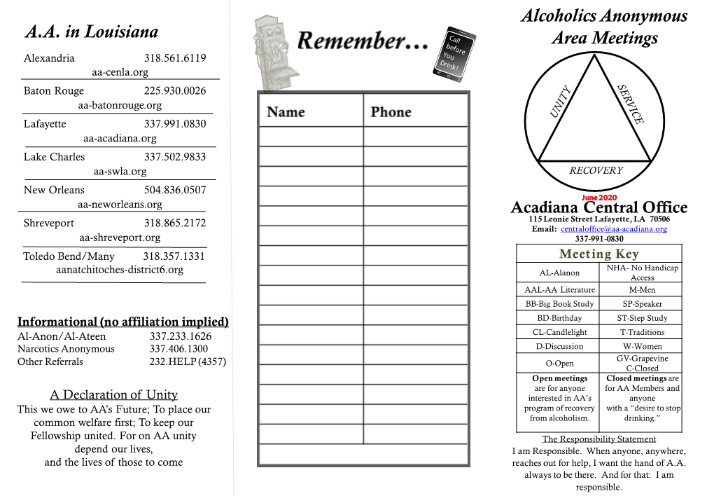 Alcoholics Anonymous Area Meetings A.A. In