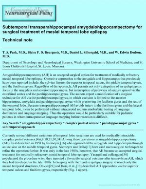 Subtemporal Transparahippocampal Amygdalohippocampectomy for Surgical Treatment of Mesial Temporal Lobe Epilepsy Technical Note