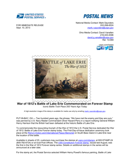 War of 1812'S Battle of Lake Erie Commemorated on Forever Stamp