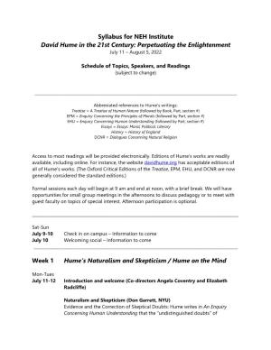 Syllabus for NEH Institute David Hume in the 21St Century: Perpetuating the Enlightenment July 11 – August 5, 2022