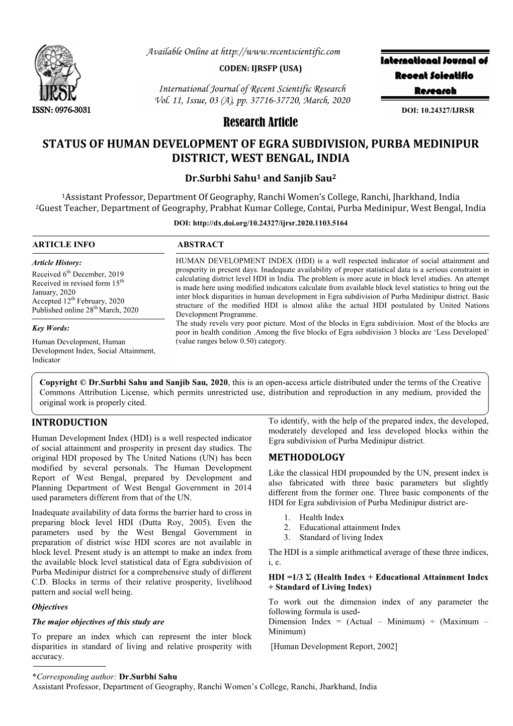 Research Article STATUS of HUMAN DEVELOPMENT of EGRA SUBDIVISION, PURBA MEDINIPUR DISTRICT, WEST BENGAL, INDIA