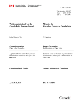 Written Submission from the Canada-India Business Council Mémoire Du Conseil De Commerce Canada-Inde