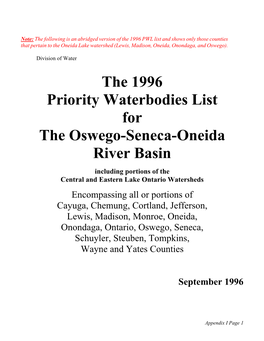 The 1996 Priority Waterbodies List for the Oswego-Seneca-Oneida River Basin