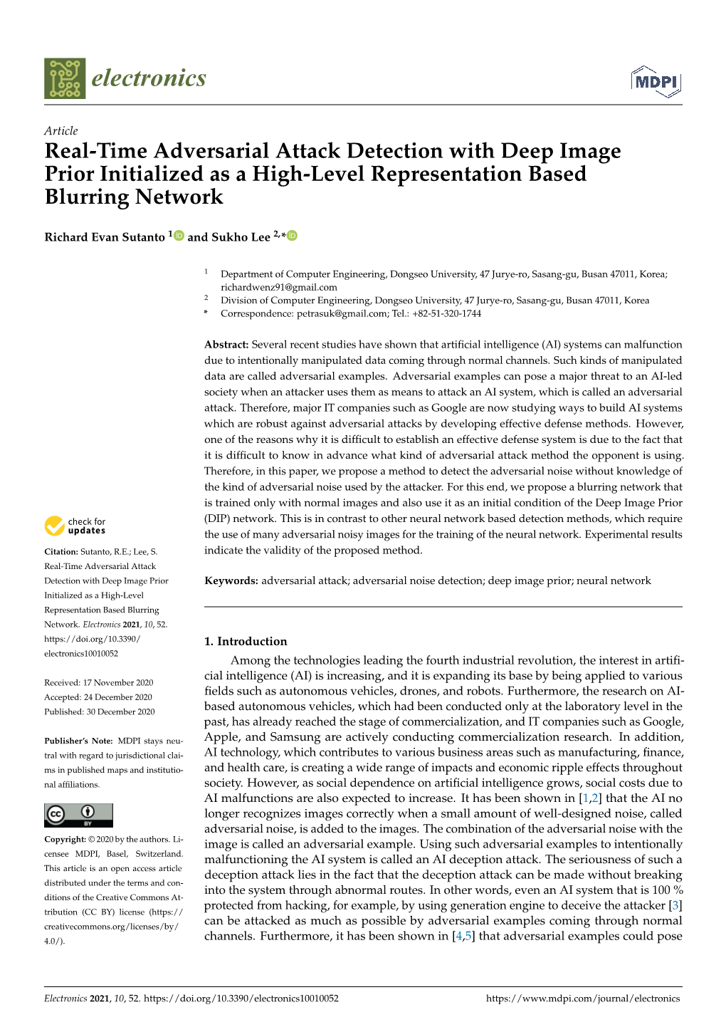 Real-Time Adversarial Attack Detection with Deep Image Prior Initialized As a High-Level Representation Based Blurring Network