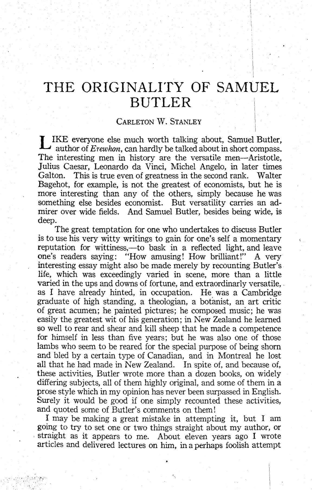 THE ORIGINALI'fy of SAMUEL BUTLER