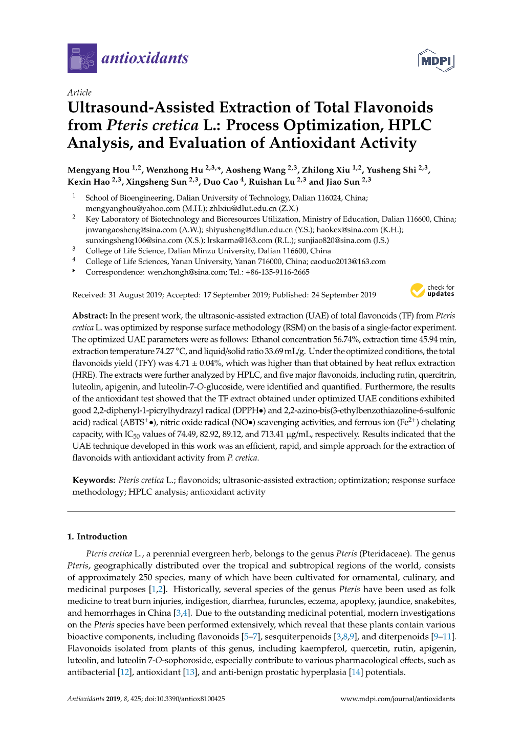 Ultrasound-Assisted Extraction of Total Flavonoids from Pteris Cretica L.: Process Optimization, HPLC Analysis, and Evaluation of Antioxidant Activity