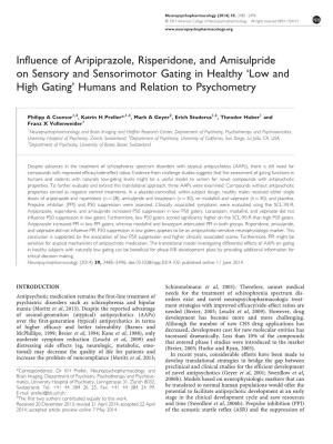Influence of Aripiprazole, Risperidone, and Amisulpride on Sensory and Sensorimotor Gating in Healthy &Lsquo