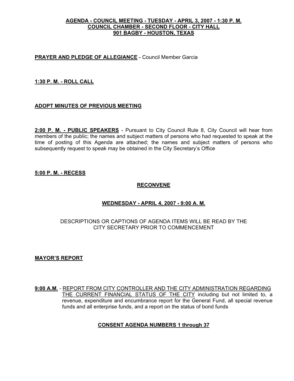 Agenda - Council Meeting - Tuesday - April 3, 2007 - 1:30 P