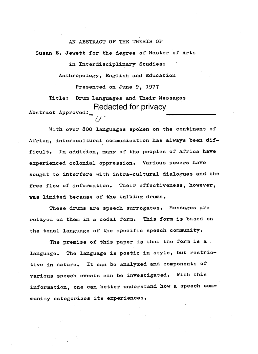 Drum Languages and Their Messages Redacted for Privacy Abstract Approved