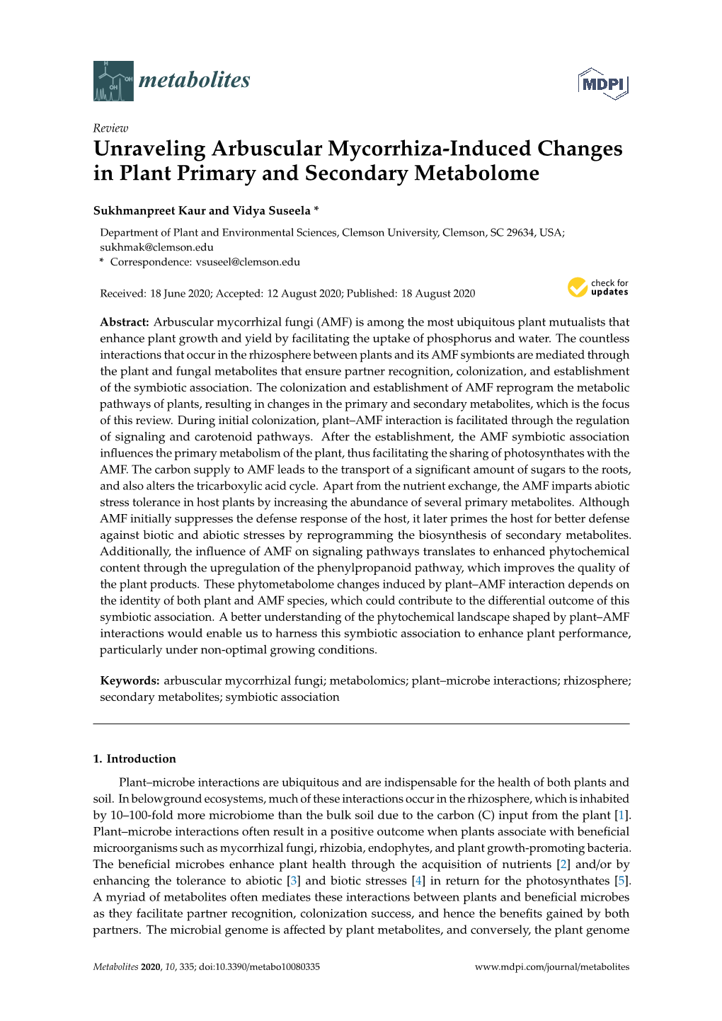 Unraveling Arbuscular Mycorrhiza-Induced Changes in Plant Primary and Secondary Metabolome