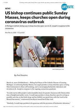 US Bishop Continues Public Sunday Masses, Keeps Churches Open During Coronavirus Outbreak | News | Lifesite