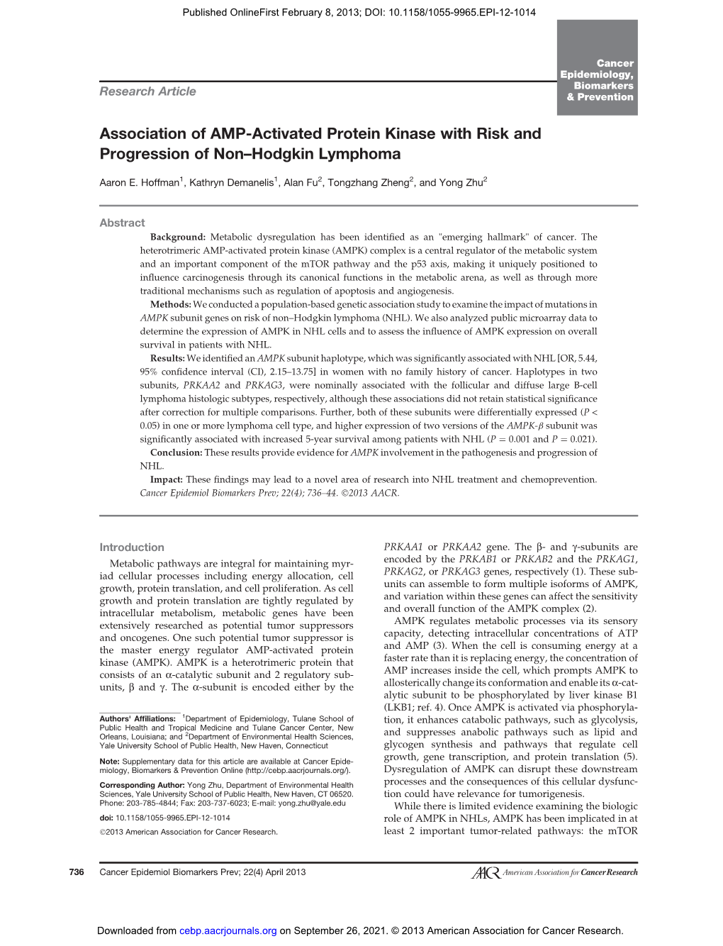 Association of AMP-Activated Protein Kinase with Risk and Progression of Non–Hodgkin Lymphoma