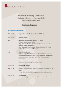 Literary Citizenship Conference National Library of Norway, Oslo 25–27 September 2019