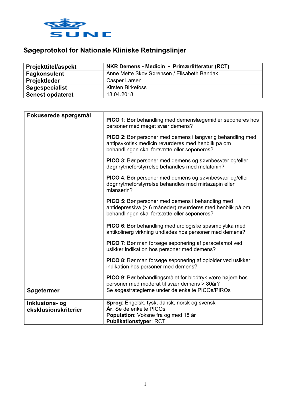 Søgeprotokol for Nationale Kliniske Retningslinjer