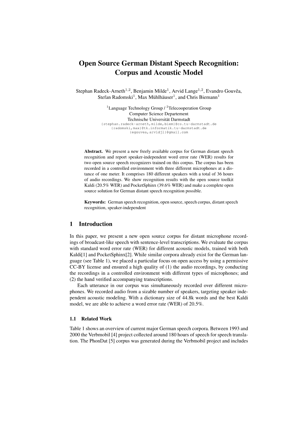 Open Source German Distant Speech Recognition: Corpus and Acoustic Model