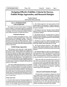 Designing Effective Exhibits: Criteria for Success, Exhibit Design Approaches, and Research Stategies