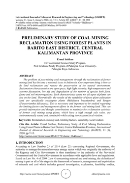 Preliminary Study of Coal Mining Reclamation Using Forest Plants in Barito East District, Central Kalimantan Province