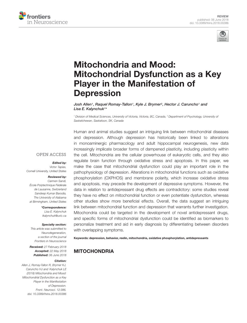 Mitochondria and Mood: Mitochondrial Dysfunction As a Key Player in the Manifestation of Depression