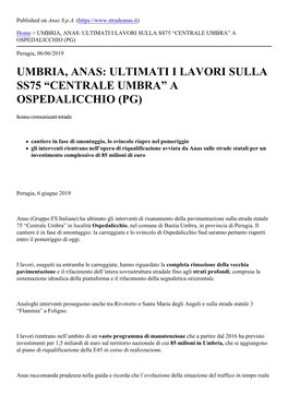 Umbria, Anas: Ultimati I Lavori Sulla Ss75 ﬁcentrale Umbraﬂ a Ospedalicchio (Pg)