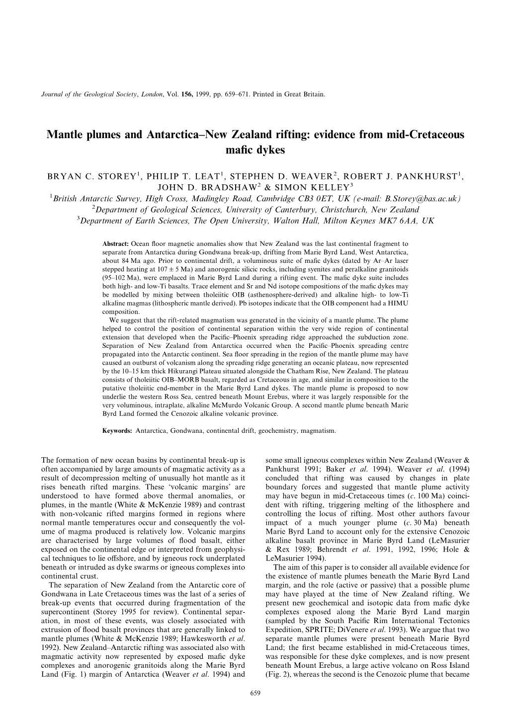 Mantle Plumes and Antarctica–New Zealand Rifting: Evidence from Mid-Cretaceous Maﬁc Dykes