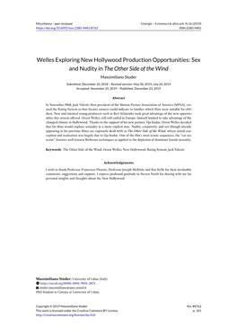 Welles Exploring New Hollywood Production Opportunities: Sex and Nudity in the Other Side of the Wind Massimiliano Studer