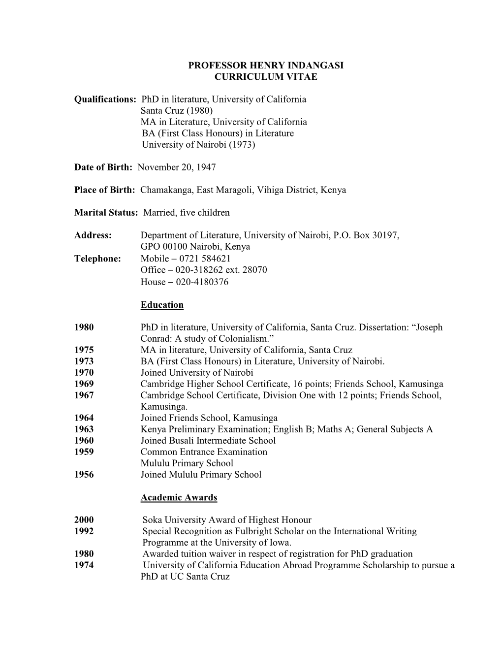 Professor Henry Indangasi Curriculum Vitae