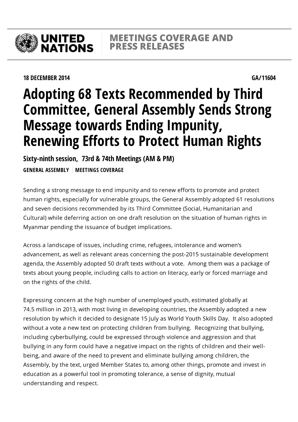 Adopting 68 Texts Recommended by Third Committee, General