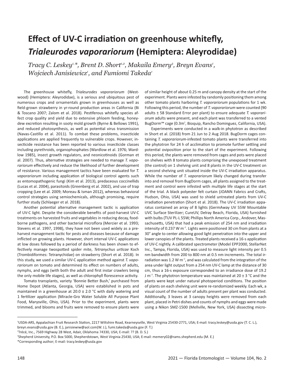 Effect of UV-C Irradiation on Greenhouse Whitefly, Trialeurodes Vaporariorum (Hemiptera: Aleyrodidae)