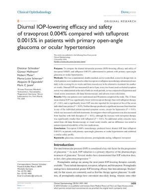 Diurnal IOP-Lowering Efficacy and Safety of Travoprost 0.004% Compared with Tafluprost 0.0015% in Patients with Primary Open-Angle Glaucoma Or Ocular Hypertension