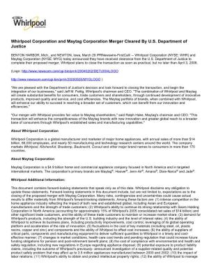 Whirlpool Corporation and Maytag Corporation Merger Cleared by U.S. Department of Justice