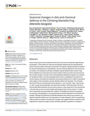 Seasonal Changes in Diet and Chemical Defense in the Climbing Mantella Frog (Mantella Laevigata)