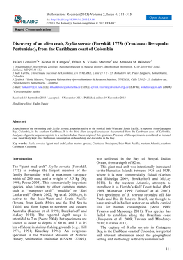 Discovery of an Alien Crab, Scylla Serrata (Forsskål, 1775) (Crustacea: Decapoda: Portunidae), from the Caribbean Coast of Colombia