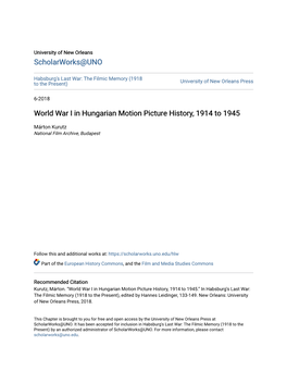 World War I in Hungarian Motion Picture History, 1914 to 1945