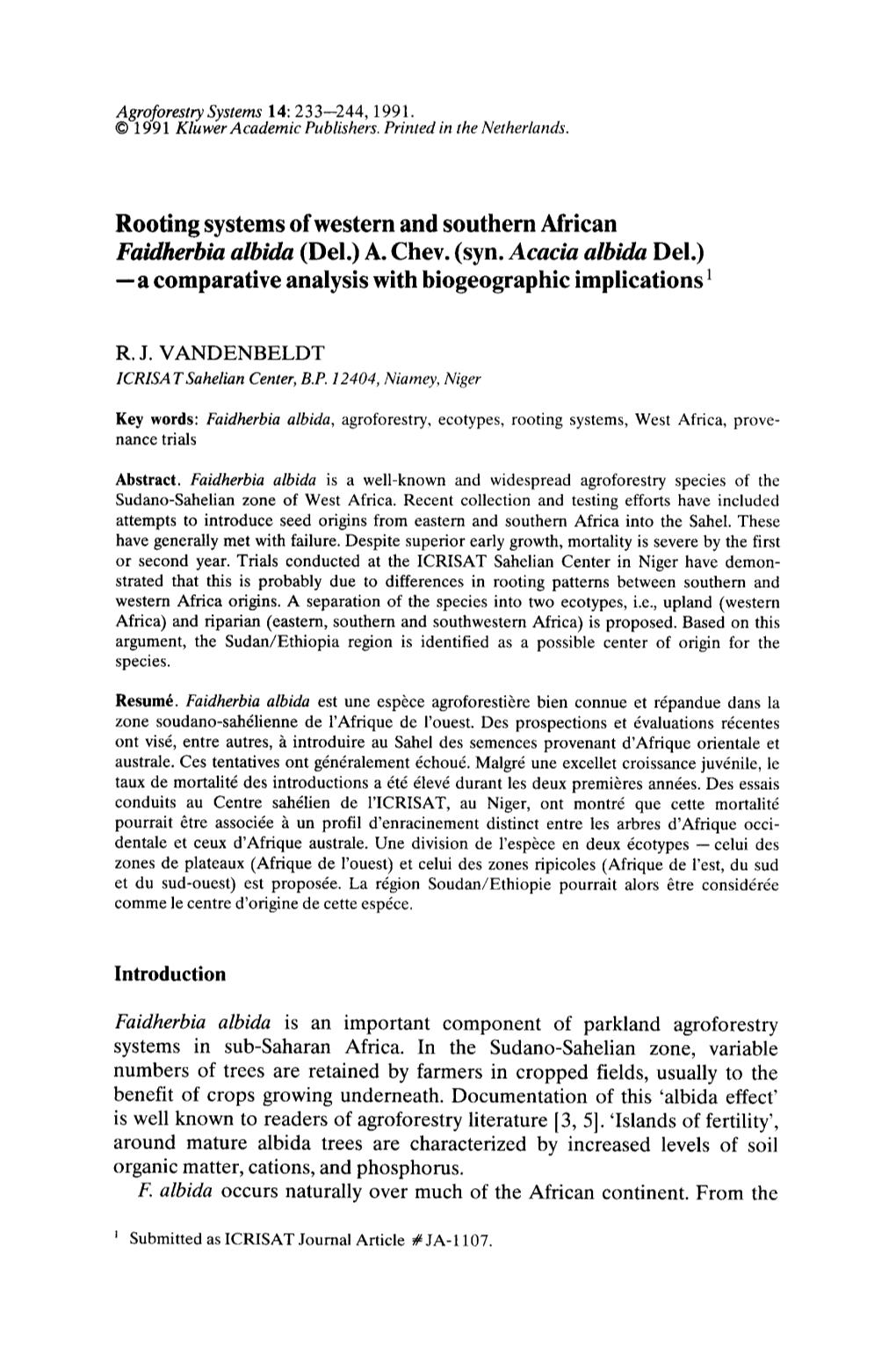 Rooting Systems of Western and Southern African Faidherbia Albida (Del.) A