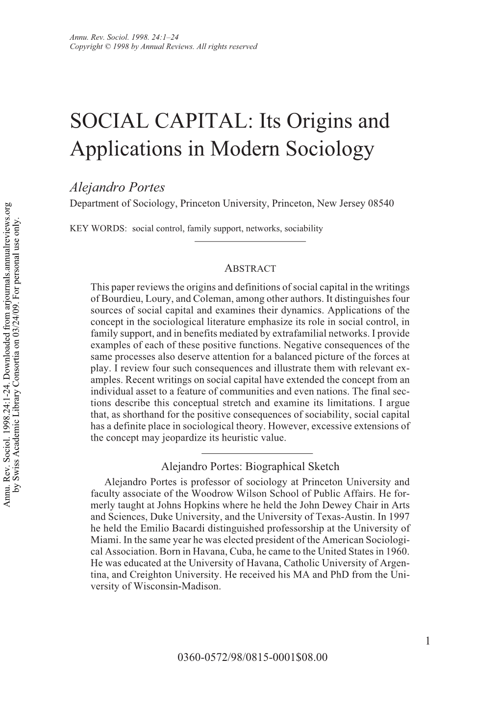 SOCIAL CAPITAL: Its Origins and Applications in Modern Sociology