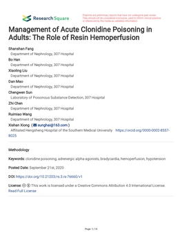 Management of Acute Clonidine Poisoning in Adults: the Role of Resin Hemoperfusion
