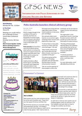 GPSG NEWS Information for Polio Survivors in the Geelong Region and Beyond FEBRUARY 2020 EDITION