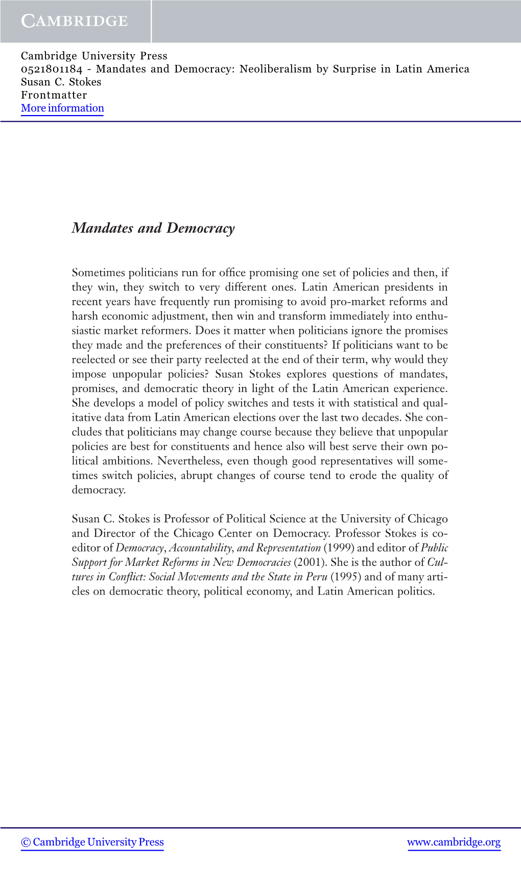 Mandates and Democracy: Neoliberalism by Surprise in Latin America Susan C