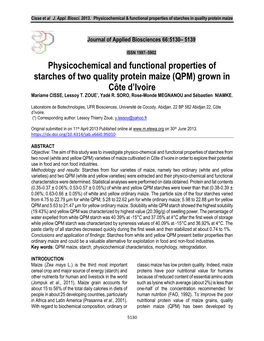 Physicochemical and Functional Properties of Starches of Two Quality Protein Maize (QPM) Grown in Côte D’Ivoire Mariame CISSE, Lessoy T