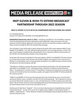 Indy Eleven & Wish-Tv Extend Broadcast Partnership