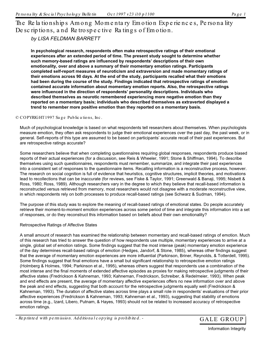 The Relationships Among Momentary Emotion Experiences, Personality Descriptions, and Retrospective Ratings of Emotion