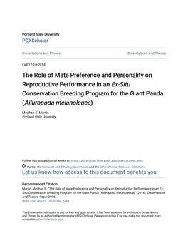 The Role of Mate Preference and Personality on Reproductive Performance in an Ex-Situ Conservation Breeding Program for the Giant Panda (Ailuropoda Melanoleuca)