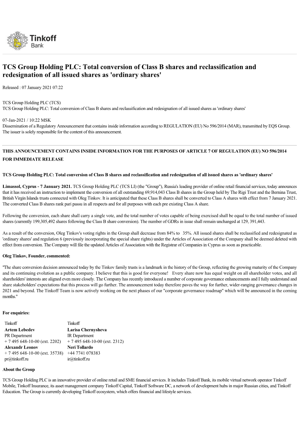 TCS Group Holding PLC: Total Conversion of Class B Shares and Reclassification and Redesignation of All Issued Shares As 'Ordinary Shares'