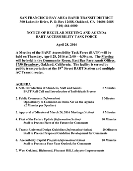 SAN FRANCISCO BAY AREA RAPID TRANSIT DISTRICT 300 Lakeside Drive, P