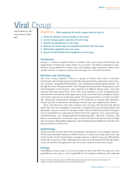 Viral Croup Amisha Malhotra, MD,* Objectives After Completing This Article, Readers Should Be Able To: and Leonard R