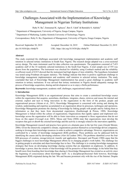 Challenges Associated with the Implementation of Knowledge Management in Nigerian Tertiary Institutions