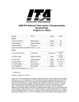 2008 ITA National Team Indoor Championships Quarterfinals Virginia Vs