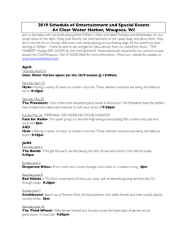 2019 Schedule of Entertainment and Special Events at Clear Water Harbor, Waupaca